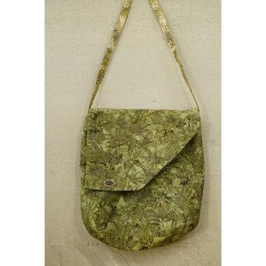 Hand Crafted Sage Green Leaf Pattern Cotton Batik Crossbody Purse Tote Bag